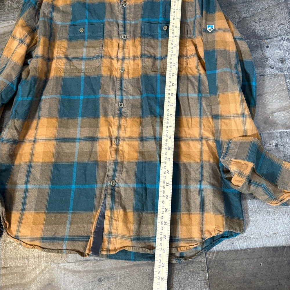 Kuhl Plaid Flannel Shirt XXL Outdoor Hiking Button Up Tan Blue Performance Shirt - Picture 4 of 7